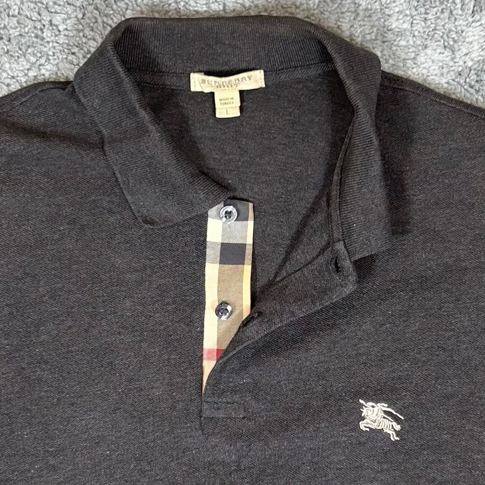 Burberry Brit Mens Long Sleeve Polo Shirt Charcoal Gray Nova Check Placket L